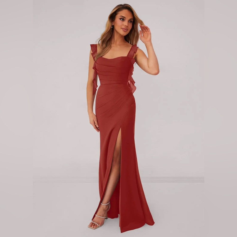 Azazie Burgundy Maxi Dress with Ruffle Sleeves